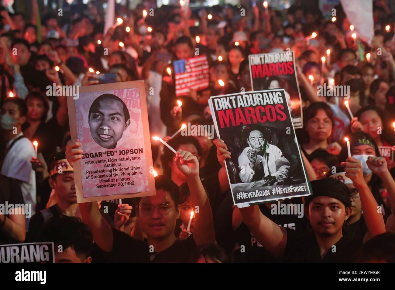 Protesters hold a photo of martial law victim and Marcos Sr. during the demonstration. Extremists marched in Manila to mark the 51st anniversary of the declaration of Martial Law in the Philippines by the late dictator Ferdinand Emmanuel Edralin Marcos Sr. The Martial Law marked as tumultuous phase in Philippine history. Former President Marcos placed the entire Philippines under Martial Law that lasted from September 21, 1972 to January 17, 1981. During that time, Marcos cracked down on dissent and imprisoned thousands of his political critics. The dictator's family, with the power of Ferdina Stock Photo