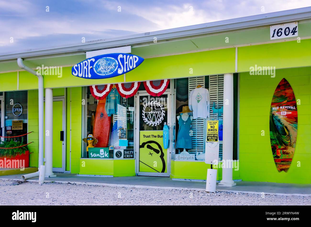 Blu Revival Surf Shop is pictured, Aug. 15, 2023, in Dauphin Island, Alabama. The gift shop sells surf boards, apparel, and local souvenirs. Stock Photo