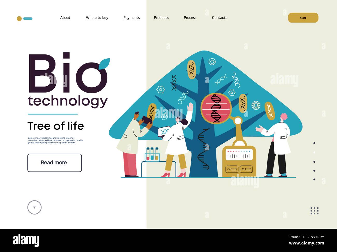 Bio Technology, Tree of life - modern flat vector concept illustration of scientists observing the tree, whose leaves represent various types of DNA. Stock Vector