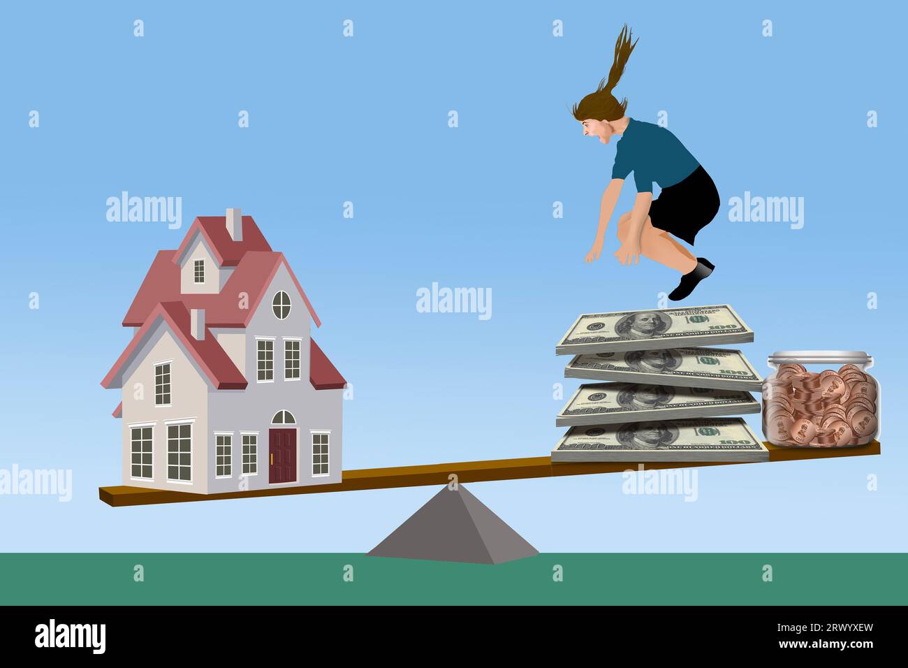 A woman jumps up and down trying to get her money to be able to make a down payment on a home at the other end of a teeter totter, seesaw in a 3-d ill Stock Photo