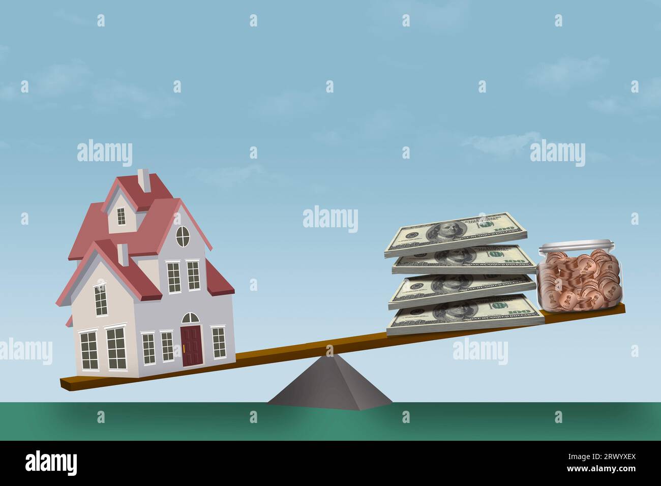 A house on a seesaw, teeter totter,  is heavier than money being saved to buy the house in a 3-d illustration about rising house prices and mortgage i Stock Photo