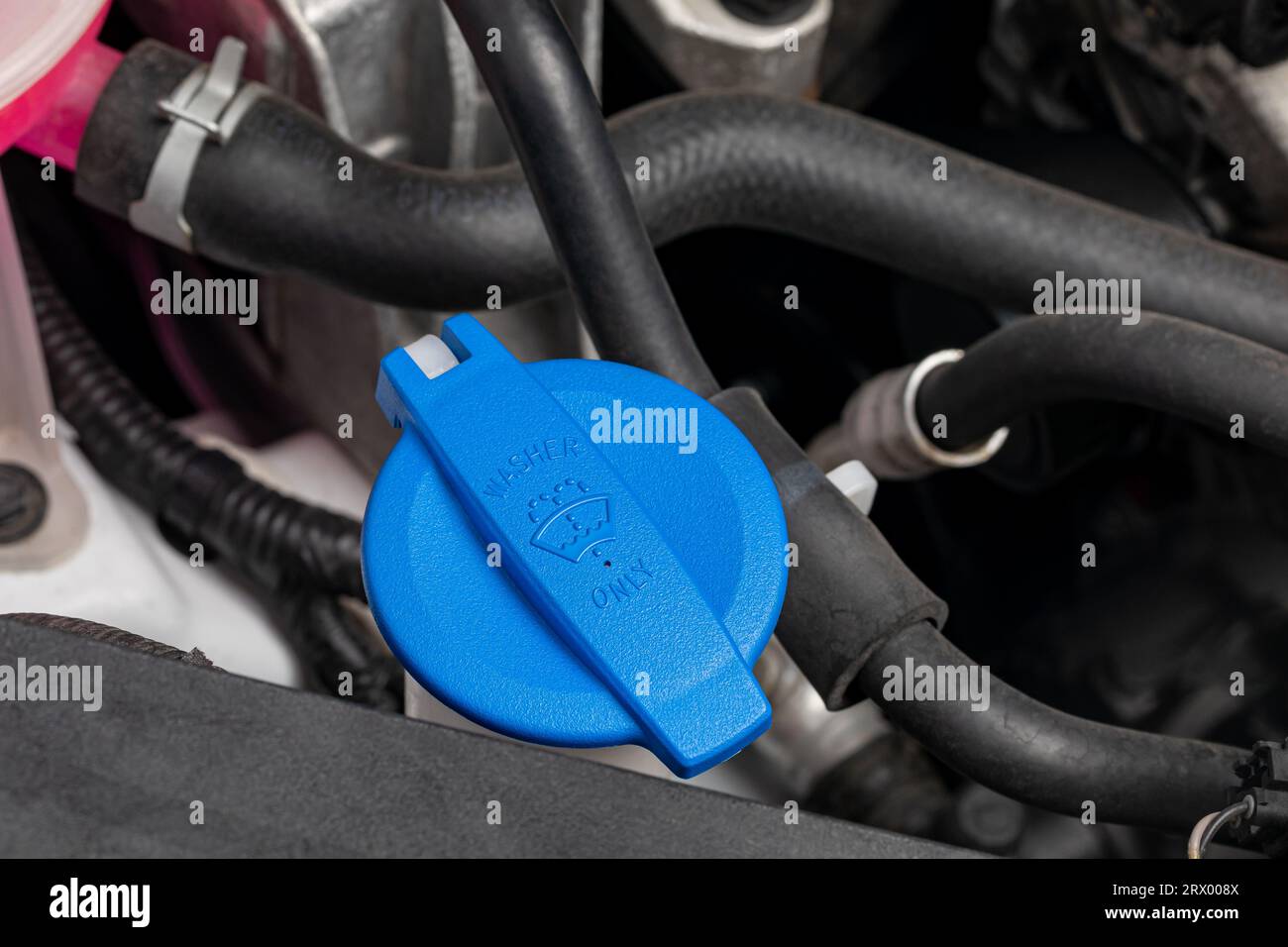 Windshield washer fluid reservoir under the hood of vehicle. Automotive service, repair and maintenance concept. Stock Photo