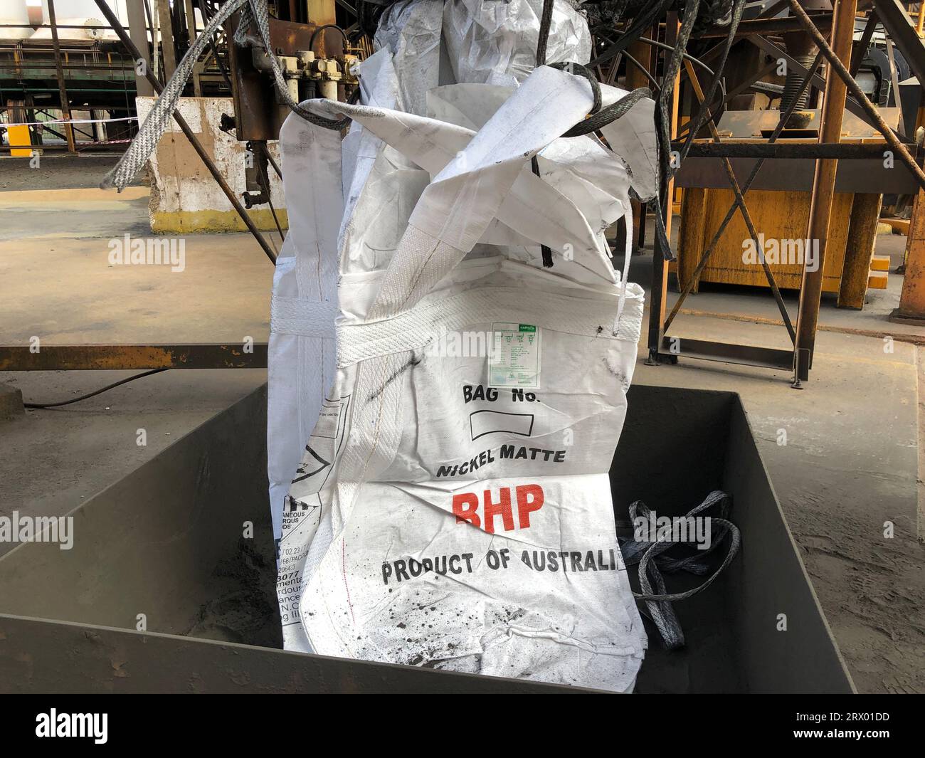 Feysville, Australia. 08th Aug, 2023. A bag of nickel matte at the BHP
