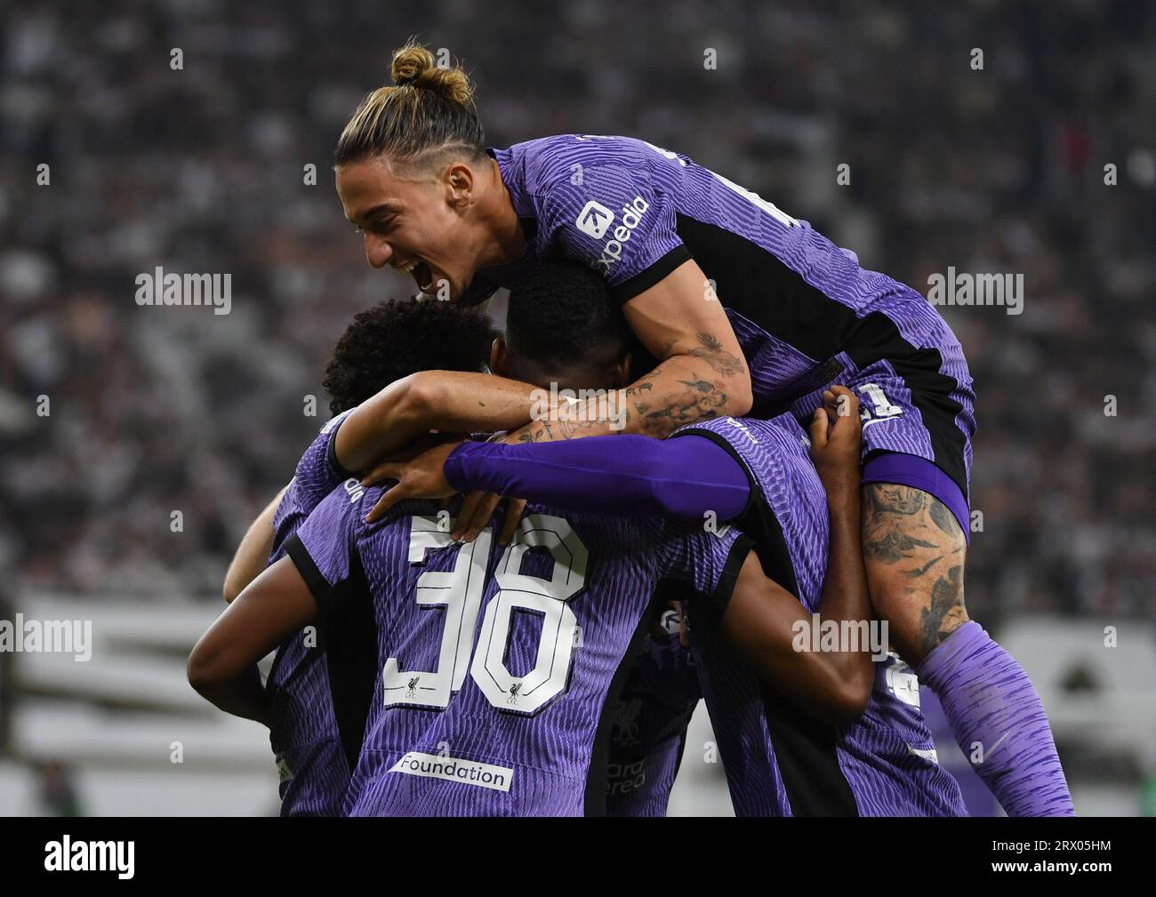Linz, Austria. 21st Sep, 2023. Players of Liverpool celebrate after scoring during the 2023/2024 UEFA Europa League Group E match between LASK Linz and Liverpool in Linz, Austria, on Sept. 21, 2023. Credit: He Canling/Xinhua/Alamy Live News Stock Photo