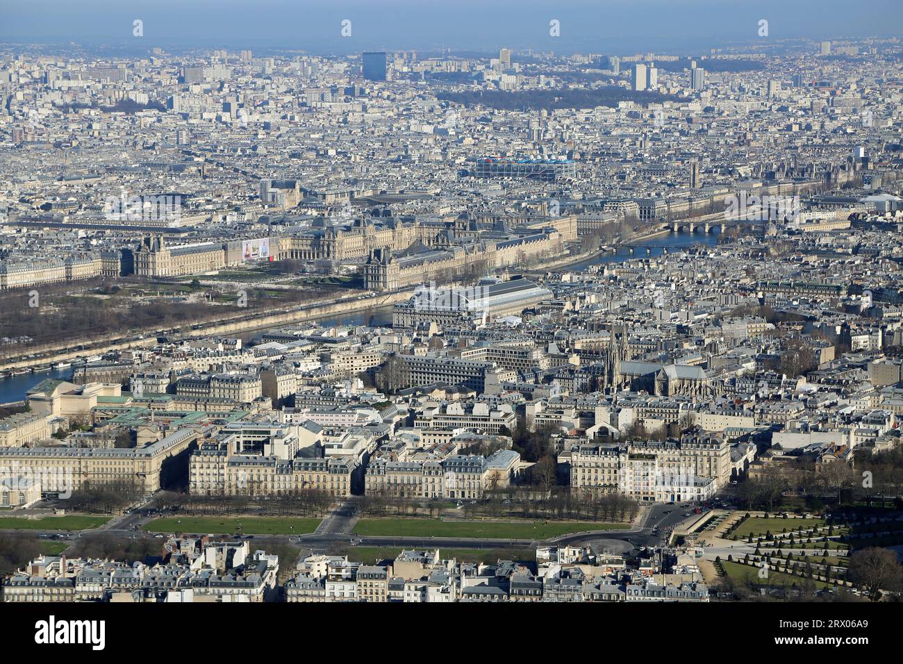 Louvre on Seine River, view from Eiffel Tower, Paris Stock Photo