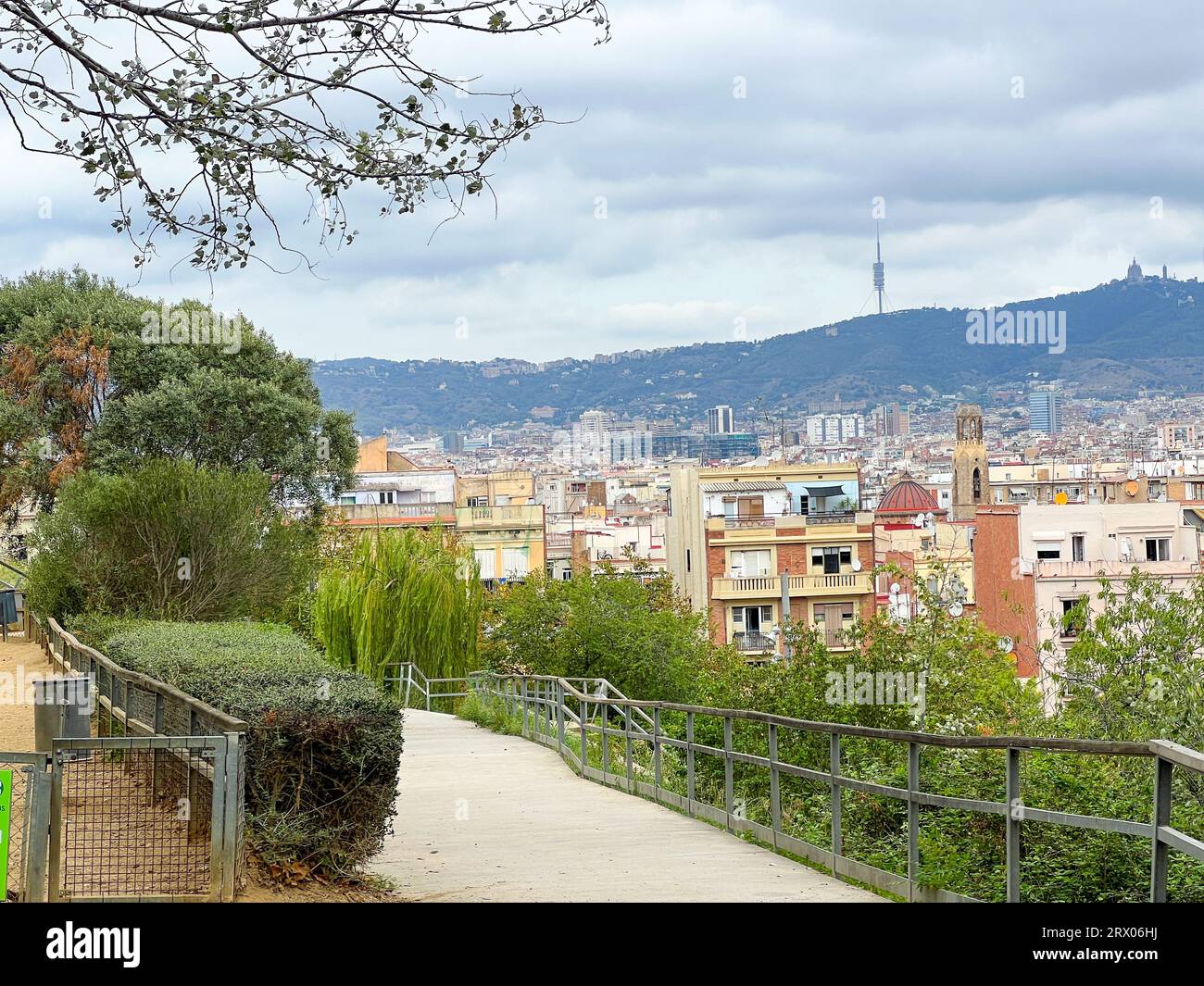 Barcelona skyline is seen from Montjuic Cable Car in Spain Stock Photo ...