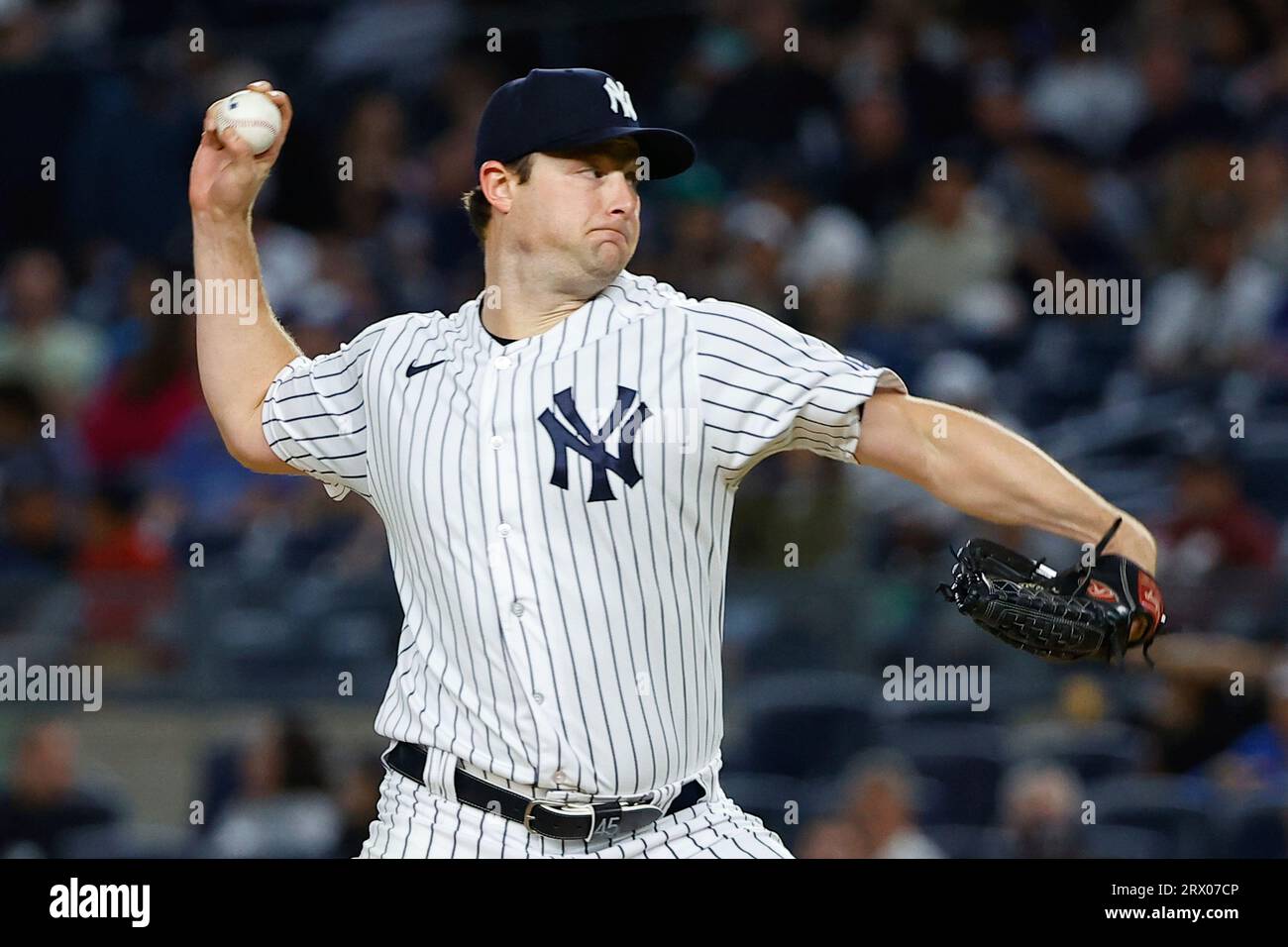 BRONX, NY - SEPTEMBER 21: Gerrit Cole #45 of the New York Yankees pitches  during the first inning of the Major League Baseball game against the  Toronto Blue Jays on September 21