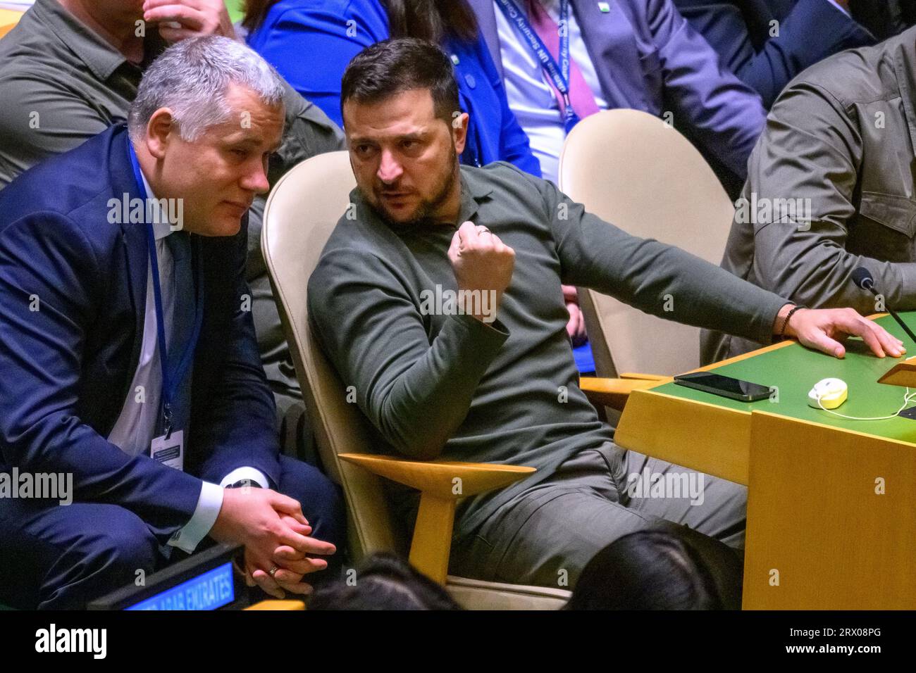 New York, USA, 19th September 2023.  Ukraine President Volodymyr Zelenskyy (R) clenches his fist as he talks to Roman Mashovets (Deputy Head of the Of Stock Photo