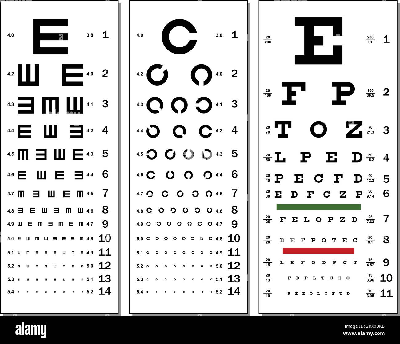 Layered vector illustration of three kinds of Eye Chart. Stock Vector