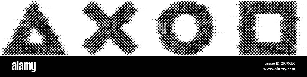 Halftone glitch geometric shapes set. Dotted distorted triangle, cross, circle and square elements. Black noise texture objects for banner, poster, collage, flyer, booklet, brochure. Vector collection Stock Vector