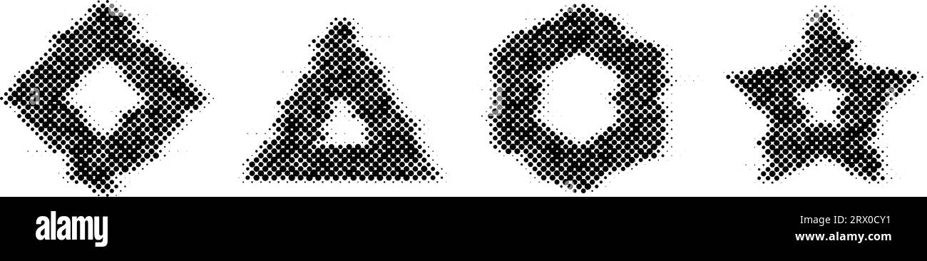 Halftone glitch geometric shapes set. Dotted distorted triangle, square ...