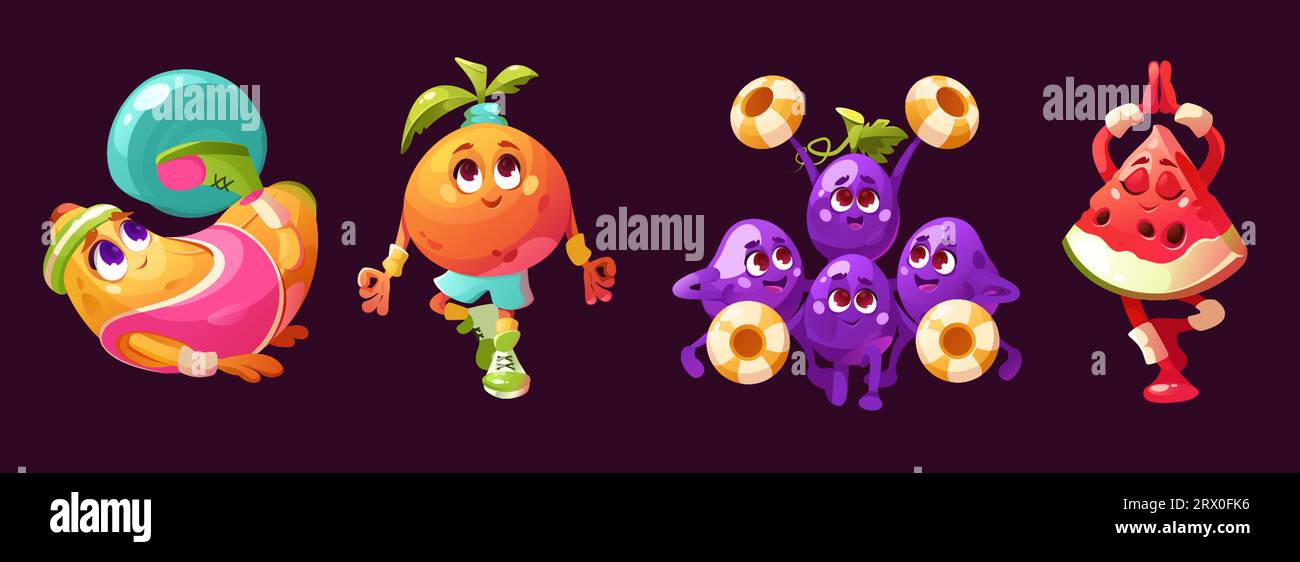 Fruits cartoon characters doing sport exercises and yoga. Vector