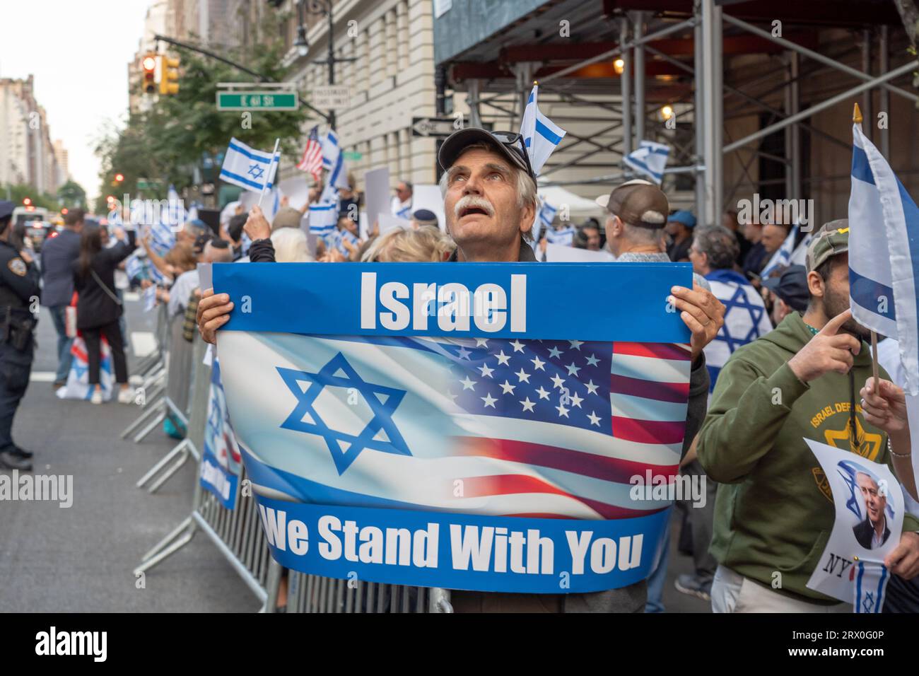NEW YORK, NEW YORK SEPTEMBER 21 A man holds an "Israel We Stand With