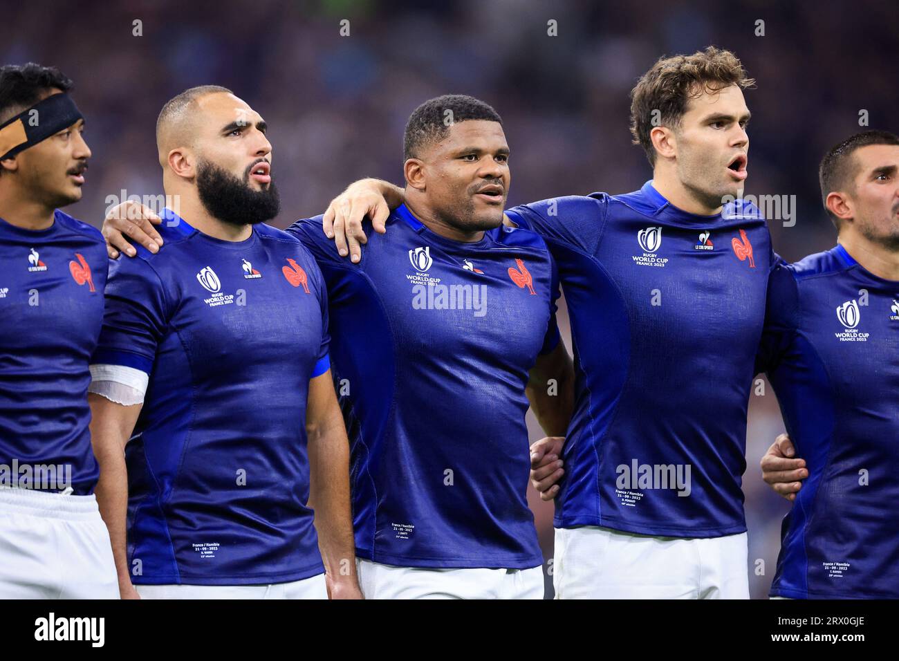 Reda Wardi #17 of France, Jonathan Danty #12 of France, Damian Penaud #14  of France during the Rugby World Cup match between France and Namibia at  Stade de Marseille on September 21,