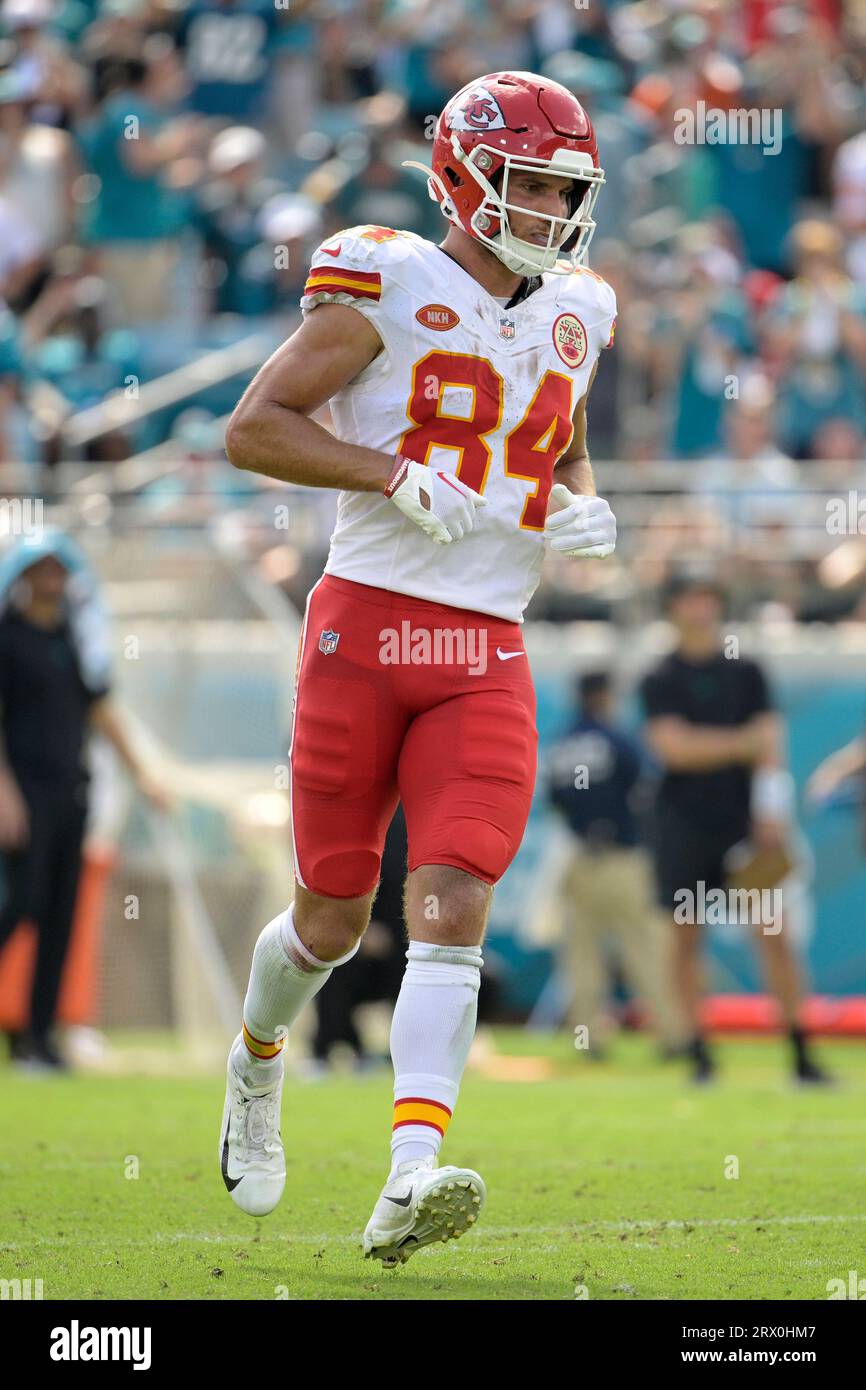 Kansas City Chiefs wide receiver Justin Watson (84) sets up for a play  during the second half of an NFL football game against the Jacksonville  Jaguars, Sunday, Sept. 17, 2023, in Jacksonville