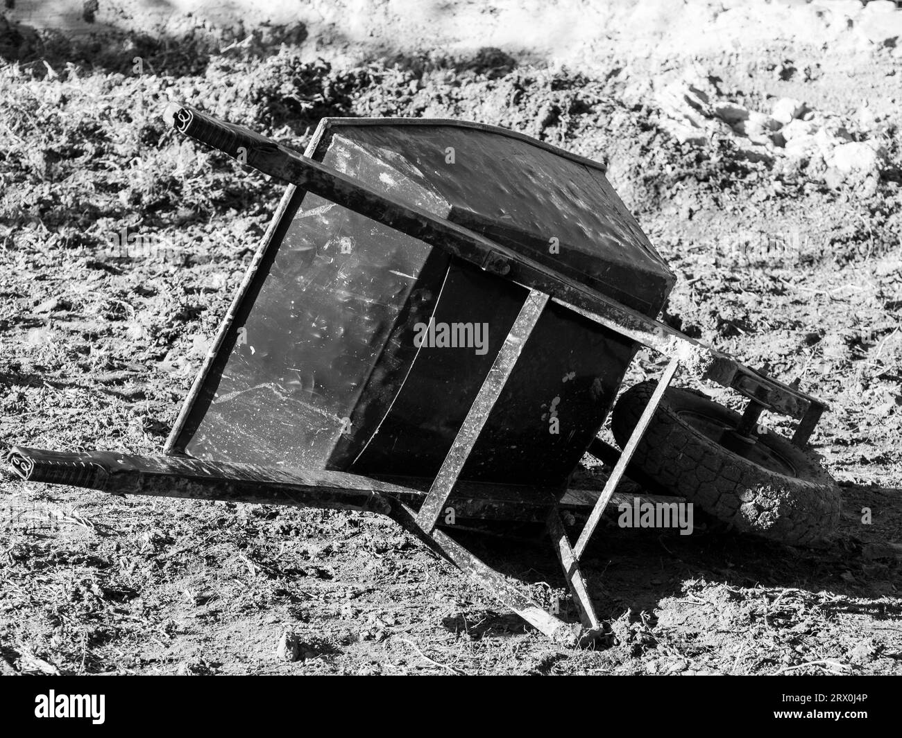 A beaten up looking old wheelbarrow lies abounded in a backyard, tools down time, lying on its side in the dirt, monochrome Stock Photo