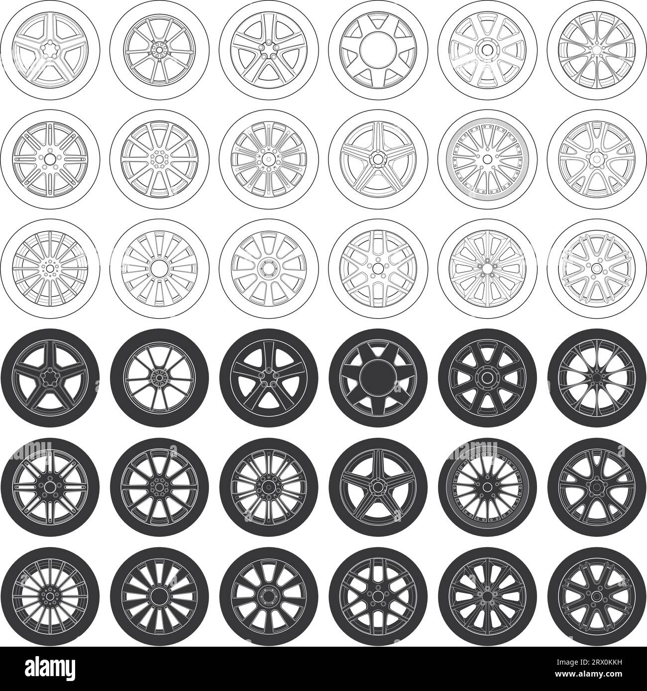 Layered editable vector illustration of collection outline of different automobile tires. Stock Vector