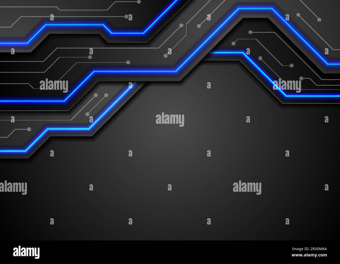 Abstract black tech circuit board background with blue neon lines ...