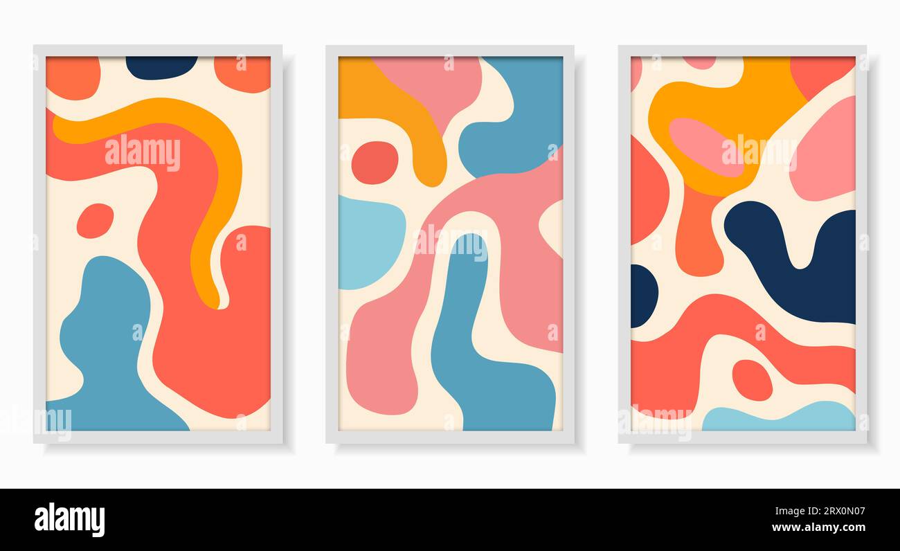 A set of three hand drawn colorful abstract artwork panels in different colors. Vector illustration Stock Vector