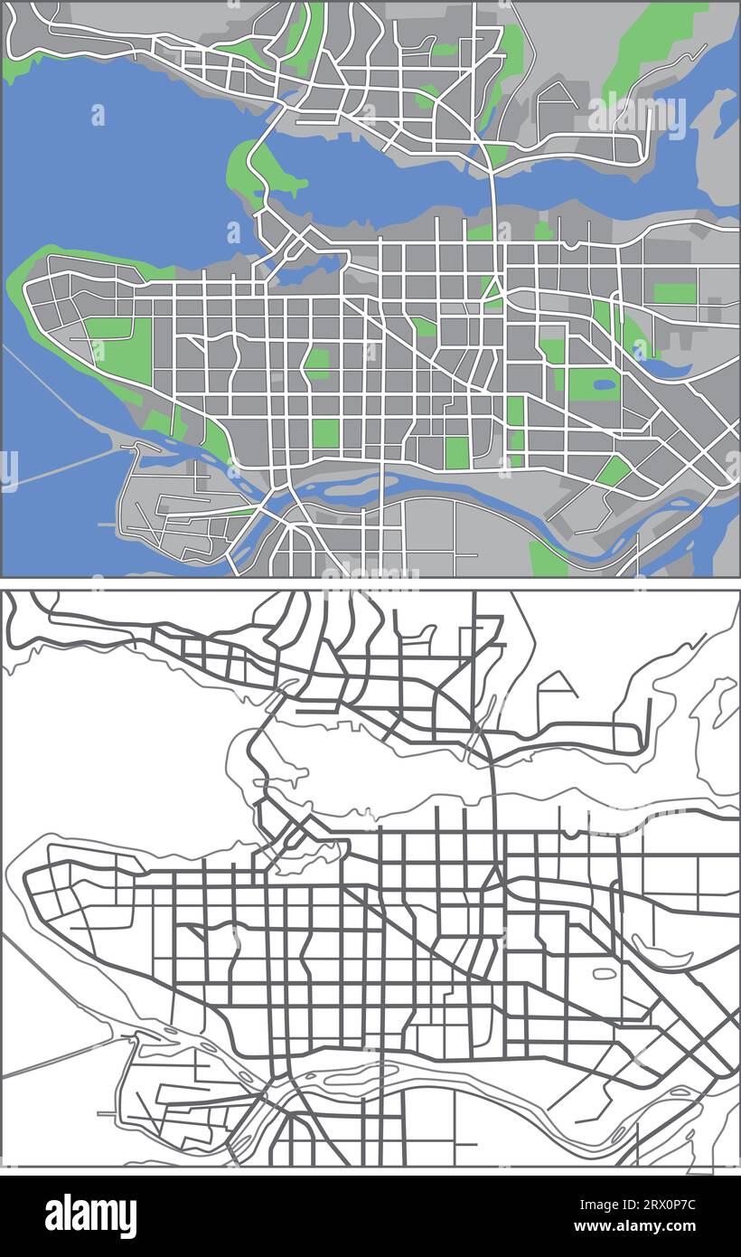 Layered editable vector streetmap of Vancouver,Canada,which contains lines and colored shapes for lands,roads,rivers and parks. Stock Vector