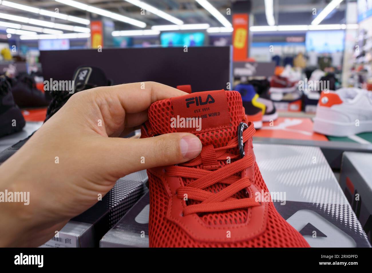 Tyumen, Russia-July 11, 2023: Fila is one of the world largest sportswear  companies. New Sneakers Stock Photo - Alamy