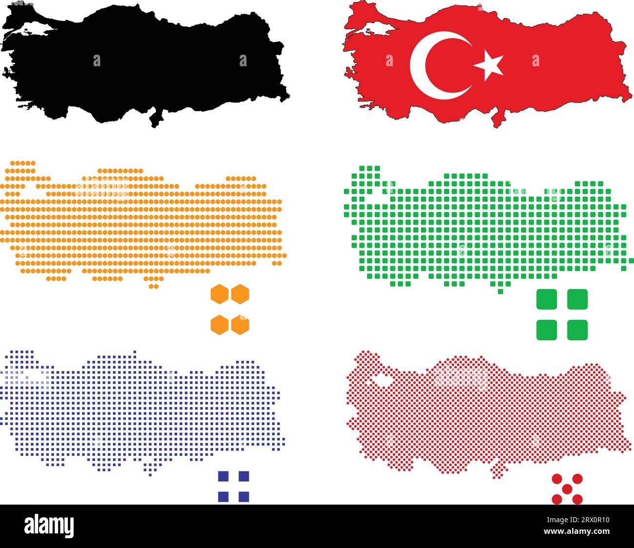 Layered editable vector illustration country map of Turkey,which contains two versions, colorful country flag version and black silhouette version. Stock Vector