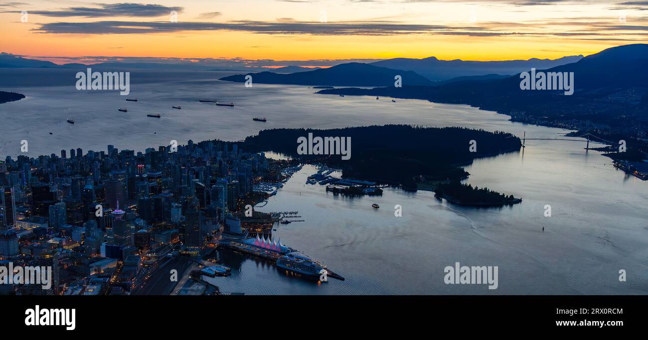 Aerial View of Downtown Vancouver at night after Sunset. British ...