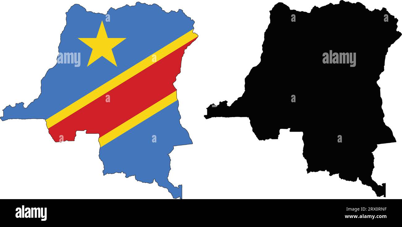 Layered editable vector illustration country map of Democratic Republic of Congo,which contains two versions, colorful country flag version and black Stock Vector