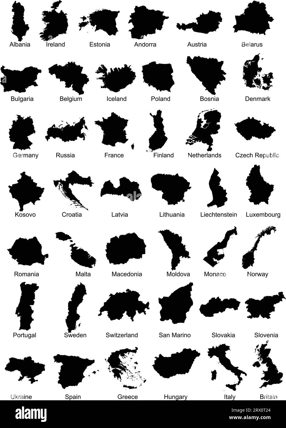 Layered editable vector illustration silhouette country map of 42 European countries. Stock Vector