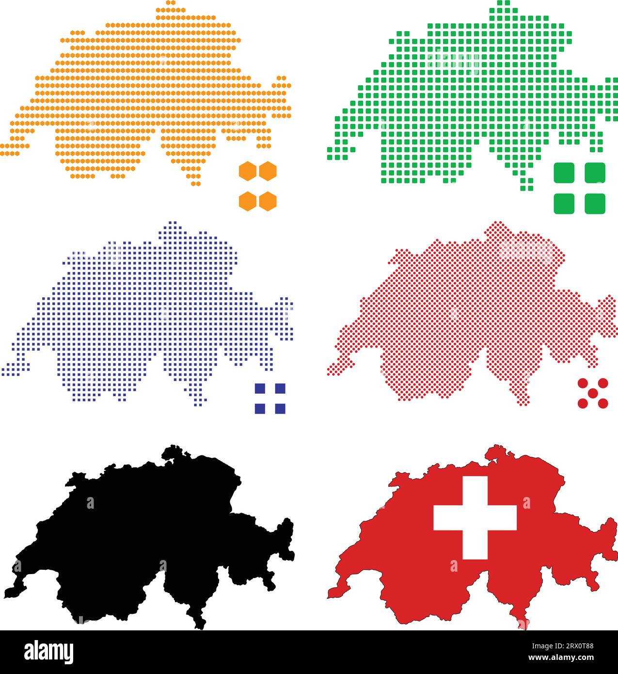 Layered editable vector illustration country map of Switzerland,which contains colorful country flag version,black silhouette version and defferent pi Stock Vector