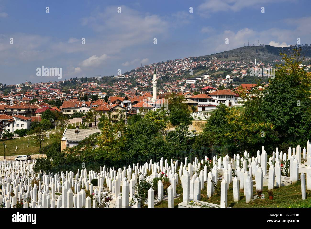 One of the many huge graveyards that dotted Sarajevo, Bosnia, where victims of the Bosnian War 1992-1995 were buried. RIP Stock Photo
