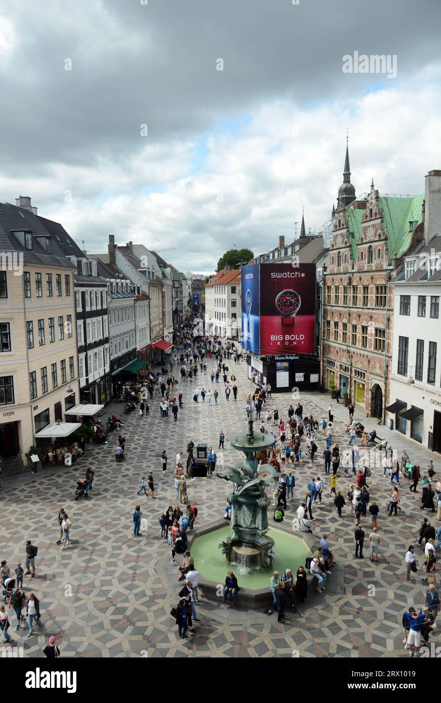 A view of he Stork fountain and Amagertorv pedestrian street from the Højbrohus building in Copenhagen, Denmark. Stock Photo