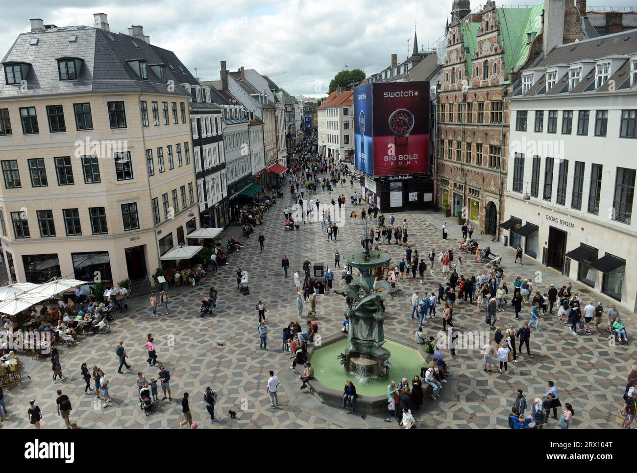 A view of he Stork fountain and Amagertorv pedestrian street from the Højbrohus building in Copenhagen, Denmark. Stock Photo