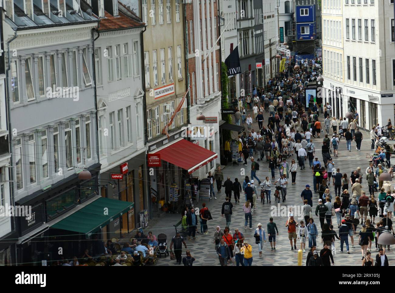 A view of the Amagertorv pedestrian street from the Højbrohus building in Copenhagen, Denmark. Stock Photo
