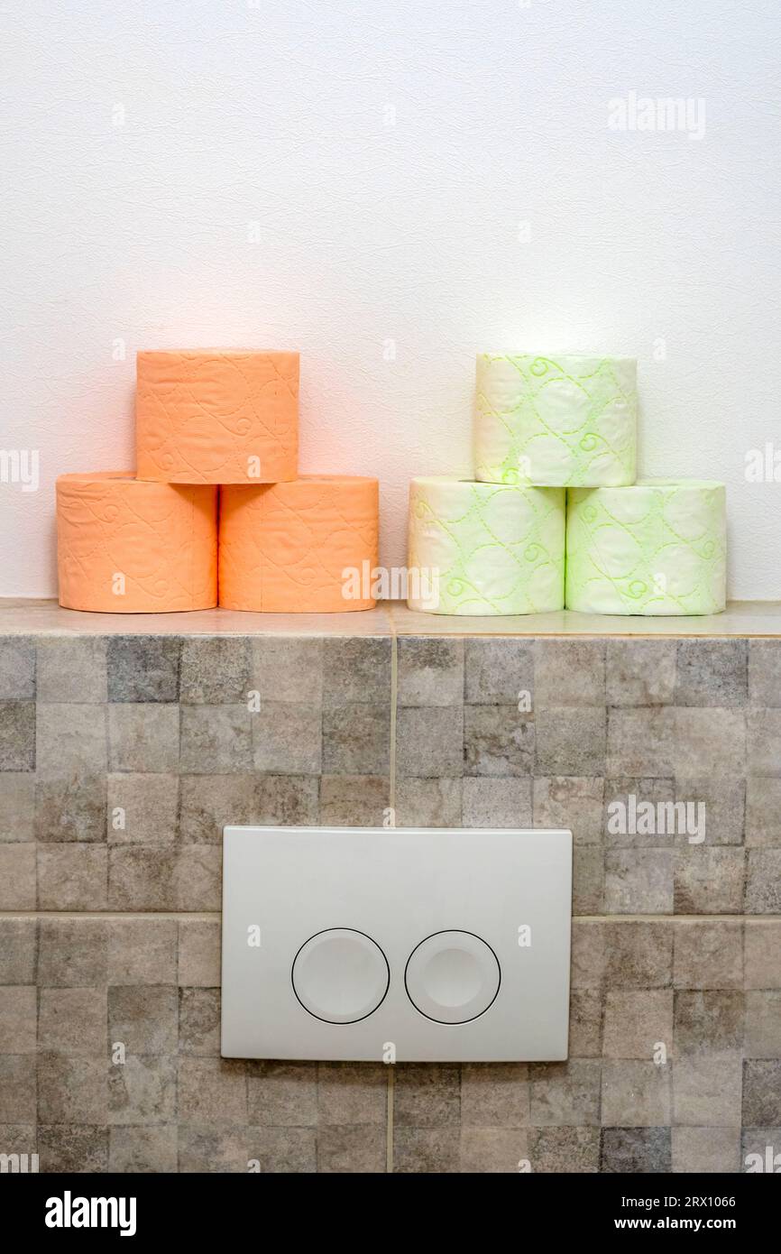 Toilet rolls and toilet button, installation.Pyramid toilet paper. soft