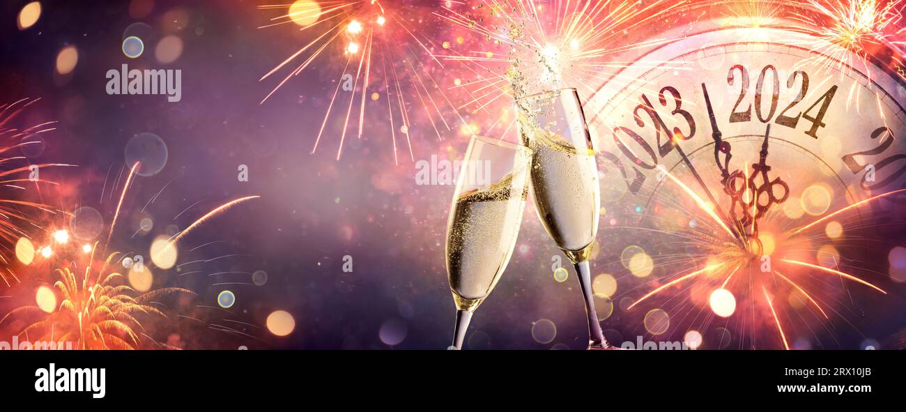 2024 New Year Celebration Champagne And Clock For Countdown Toast