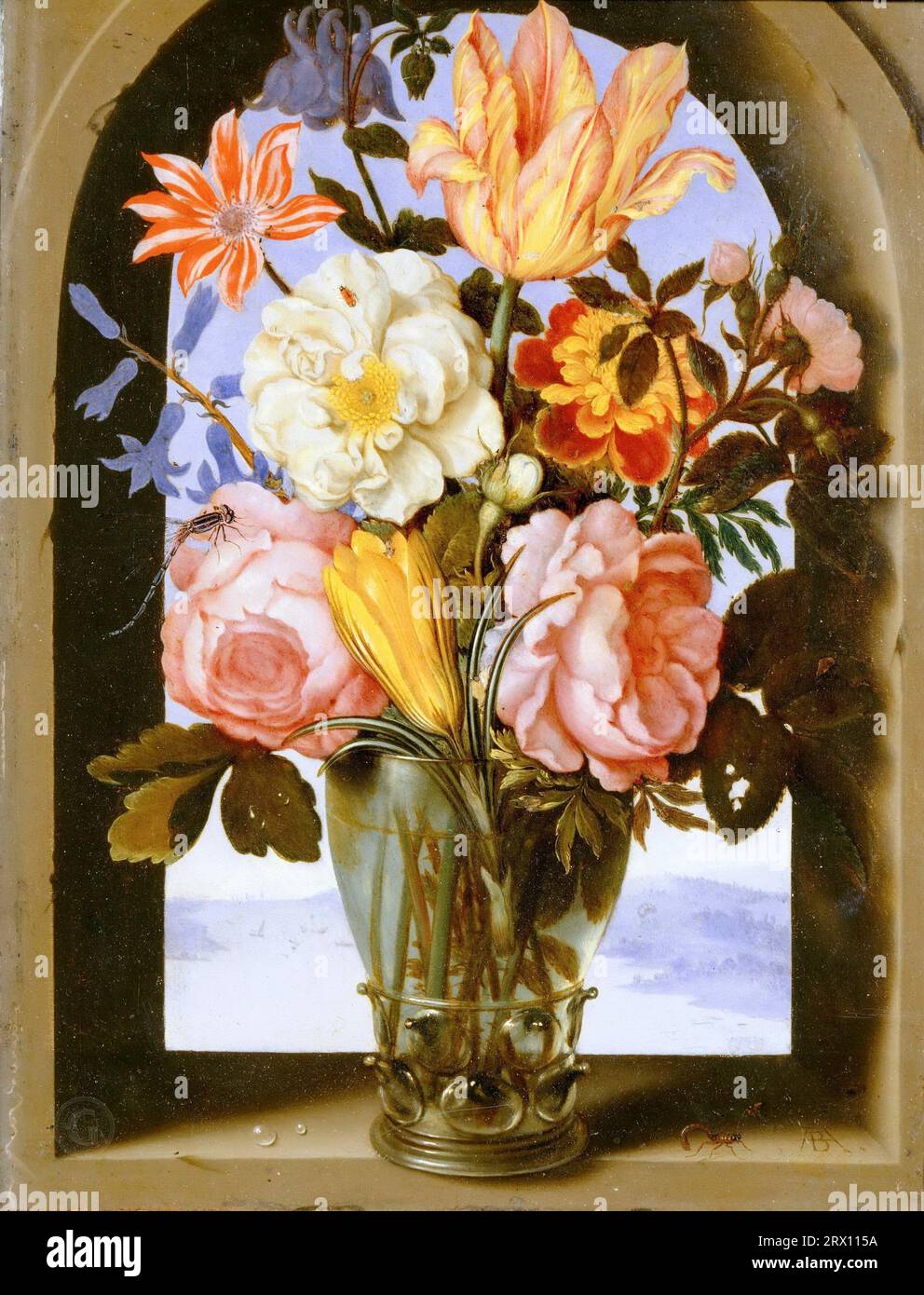 Ambrosius Bosschaert the Younger (1609-1645) -- Bouquet of Flowers in a Stone Window Frame Opening onto a Landscape 1619-21, 23х17 Stock Photo