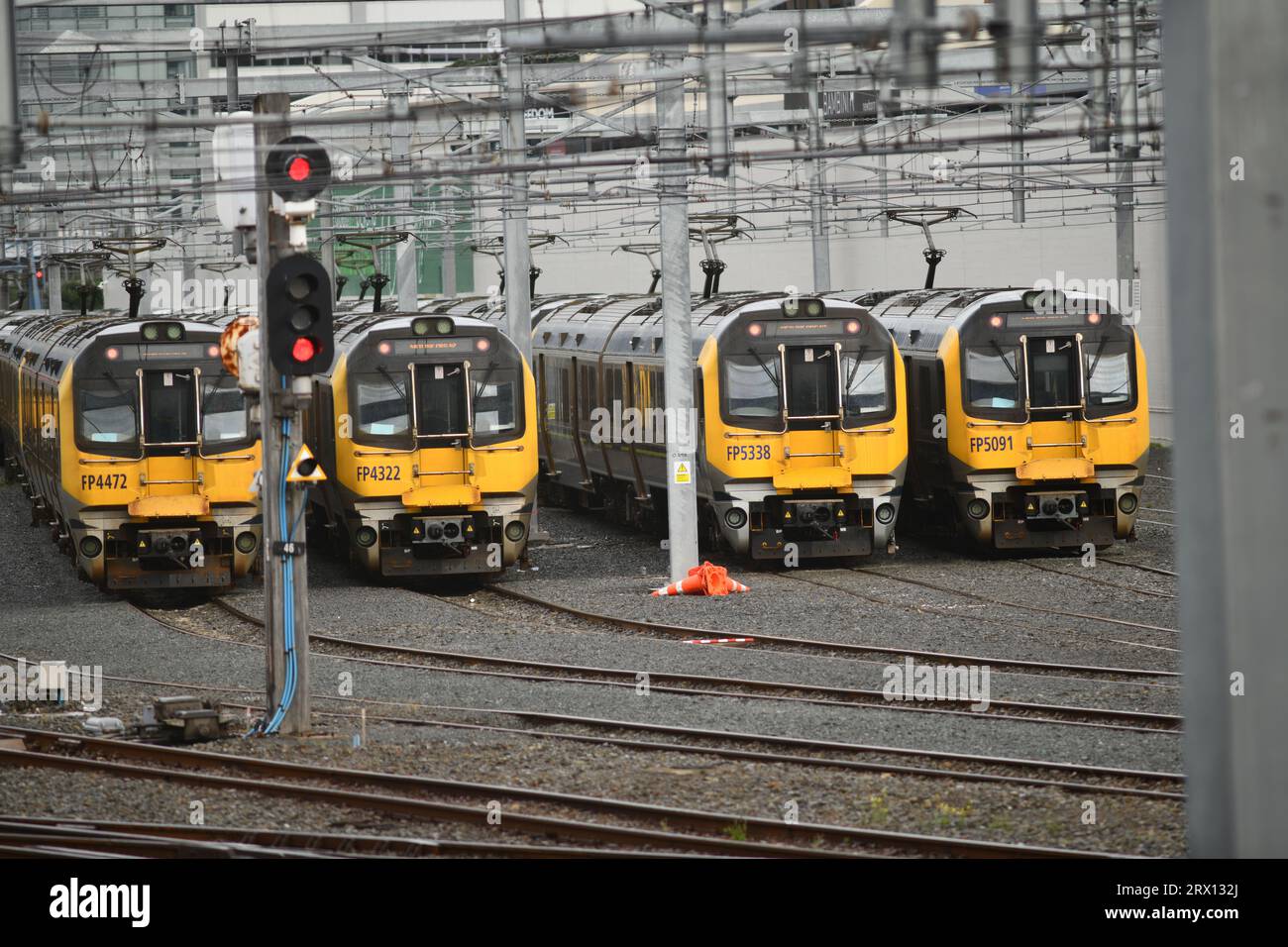 WELLINGTON, NEW ZEALAND, MAY 17, 2023: Metlink trains line up at the Wellington depot Stock Photo
