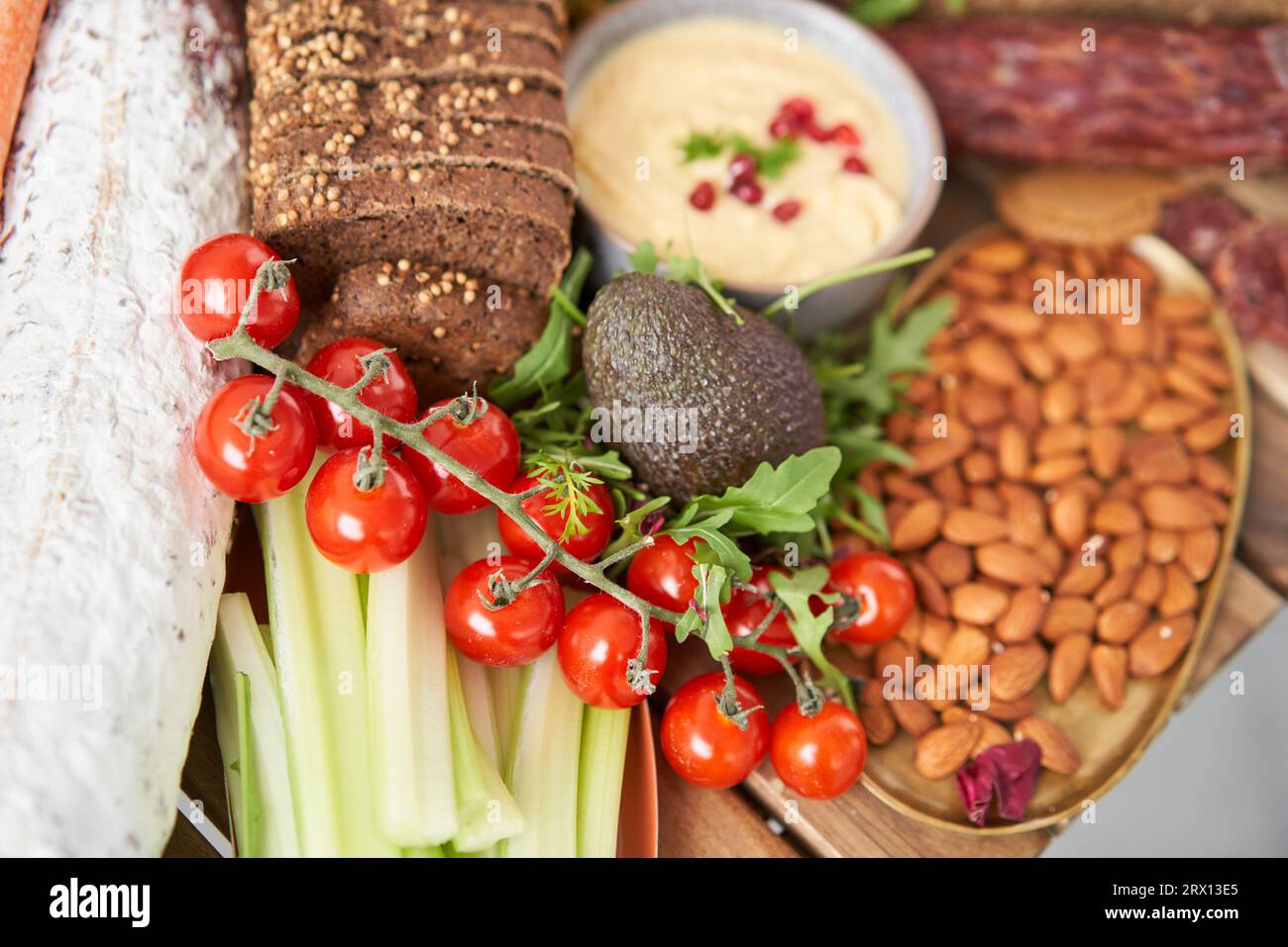 Table full of mediterranean appetizers, tapas or antipasto. Assorted ...