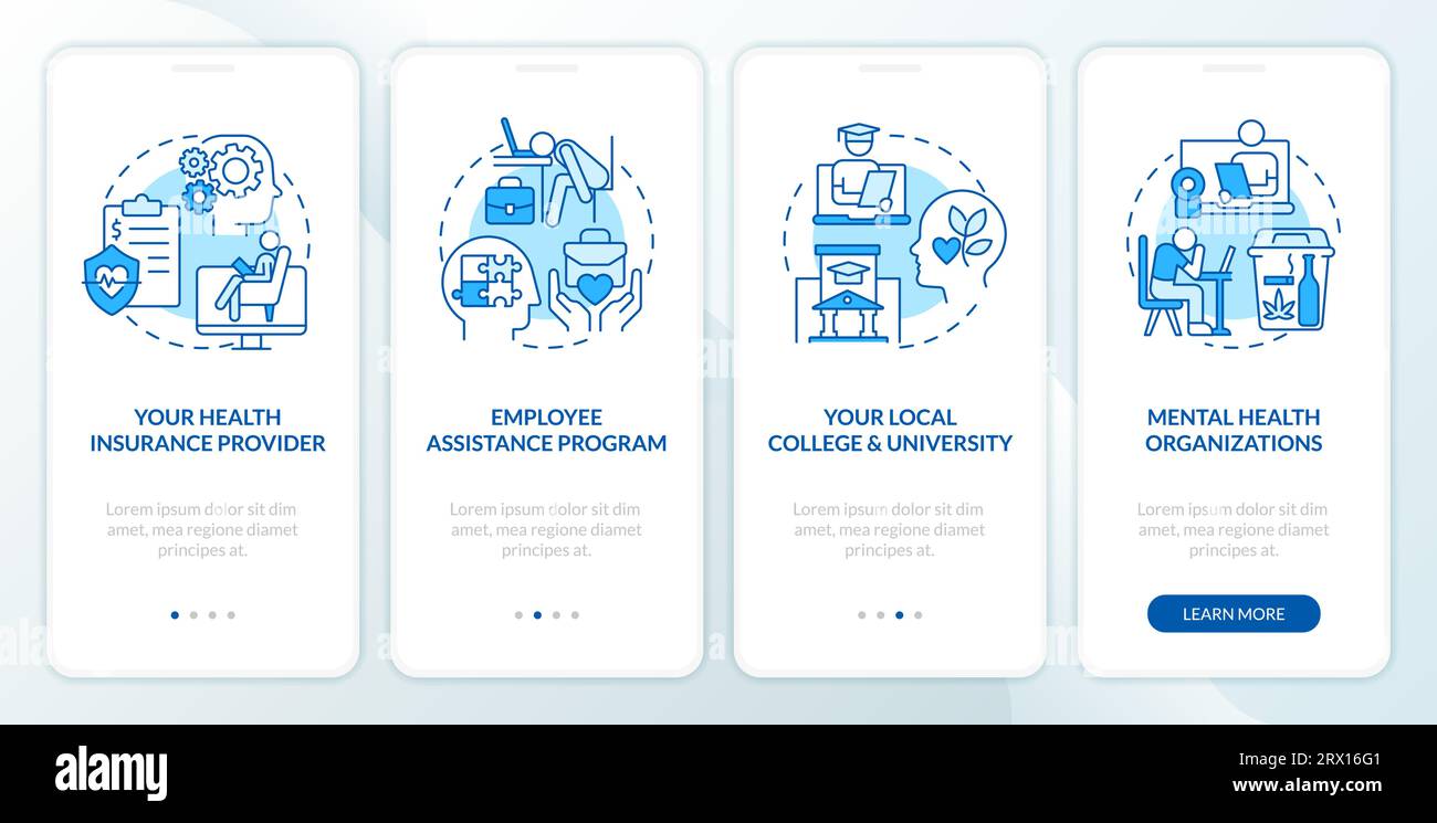 Walkthrough online therapy with blue icons concept Stock Vector