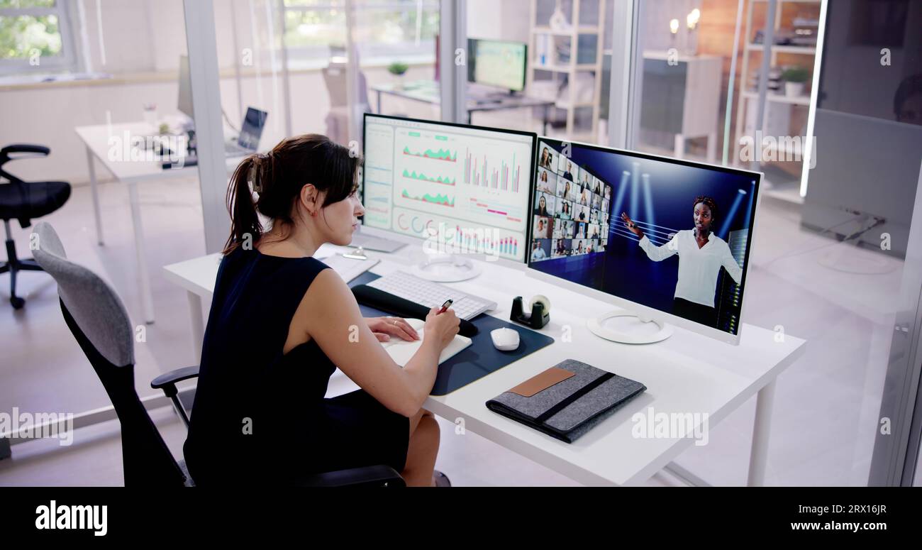 Speaker At Virtual Training Seminar. Training Conference With Audience Stock Photo