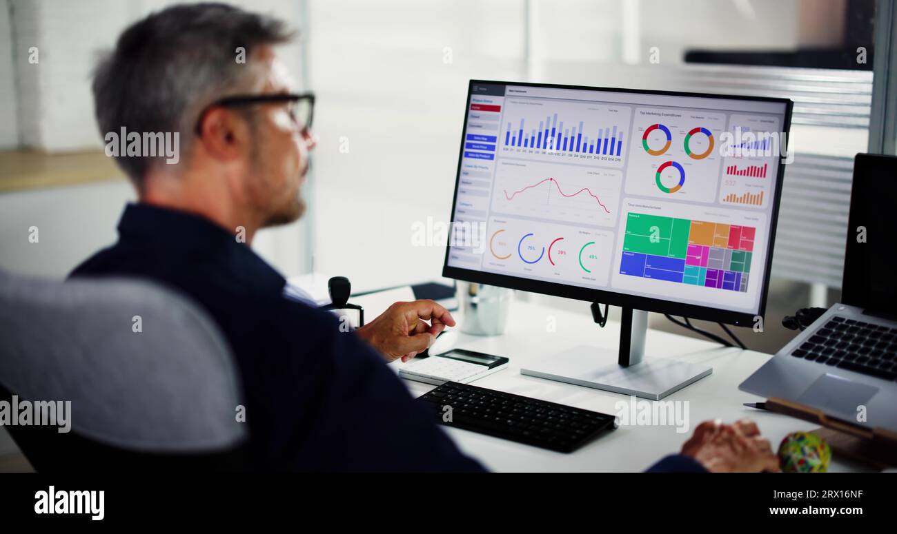 Business Data Analyst Using KPI Data Dashboard On Computer Stock Photo
