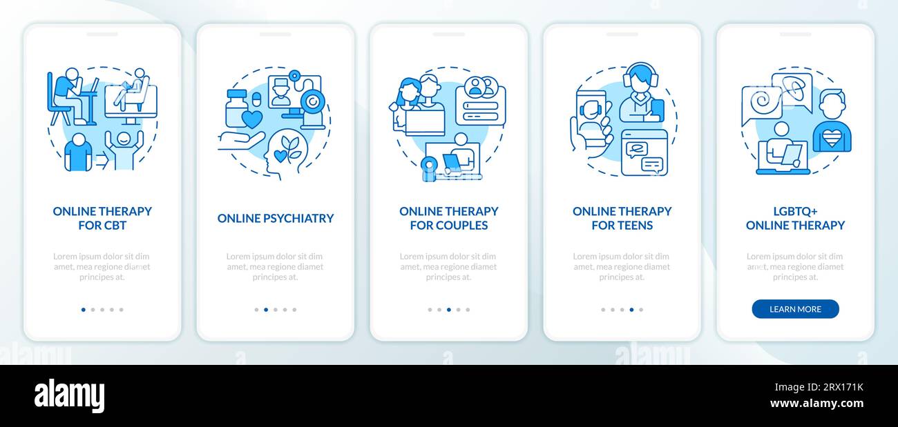 Walkthrough online therapy with blue icons concept Stock Vector