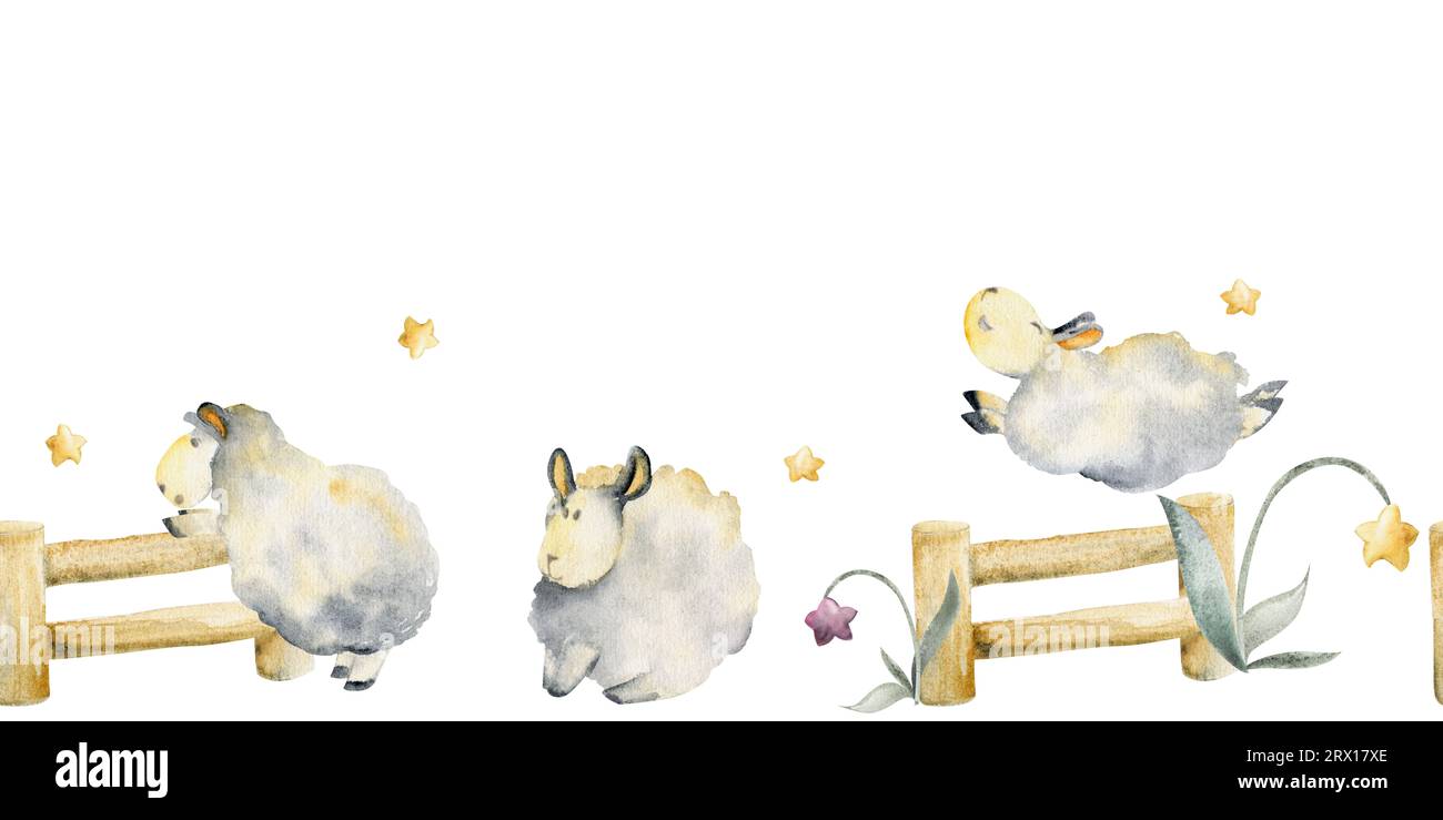 Watercolor hand drawn illustration, cute plush baby sheep jumping over ...