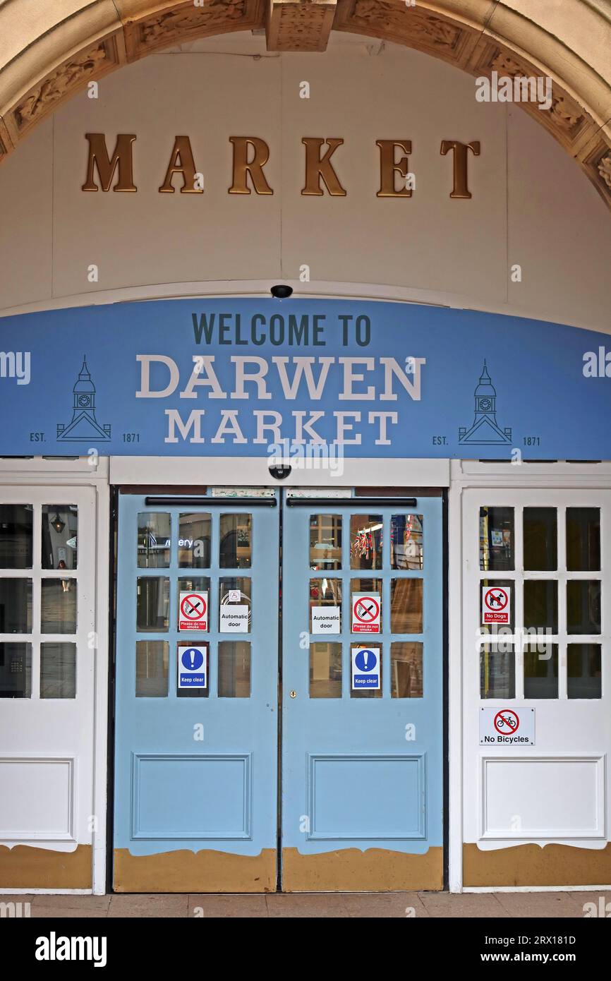 Welcome to Darwen Market Hall,  Croft St, Darwen, Lancashire, England, UK,  BB3 1BH Stock Photo