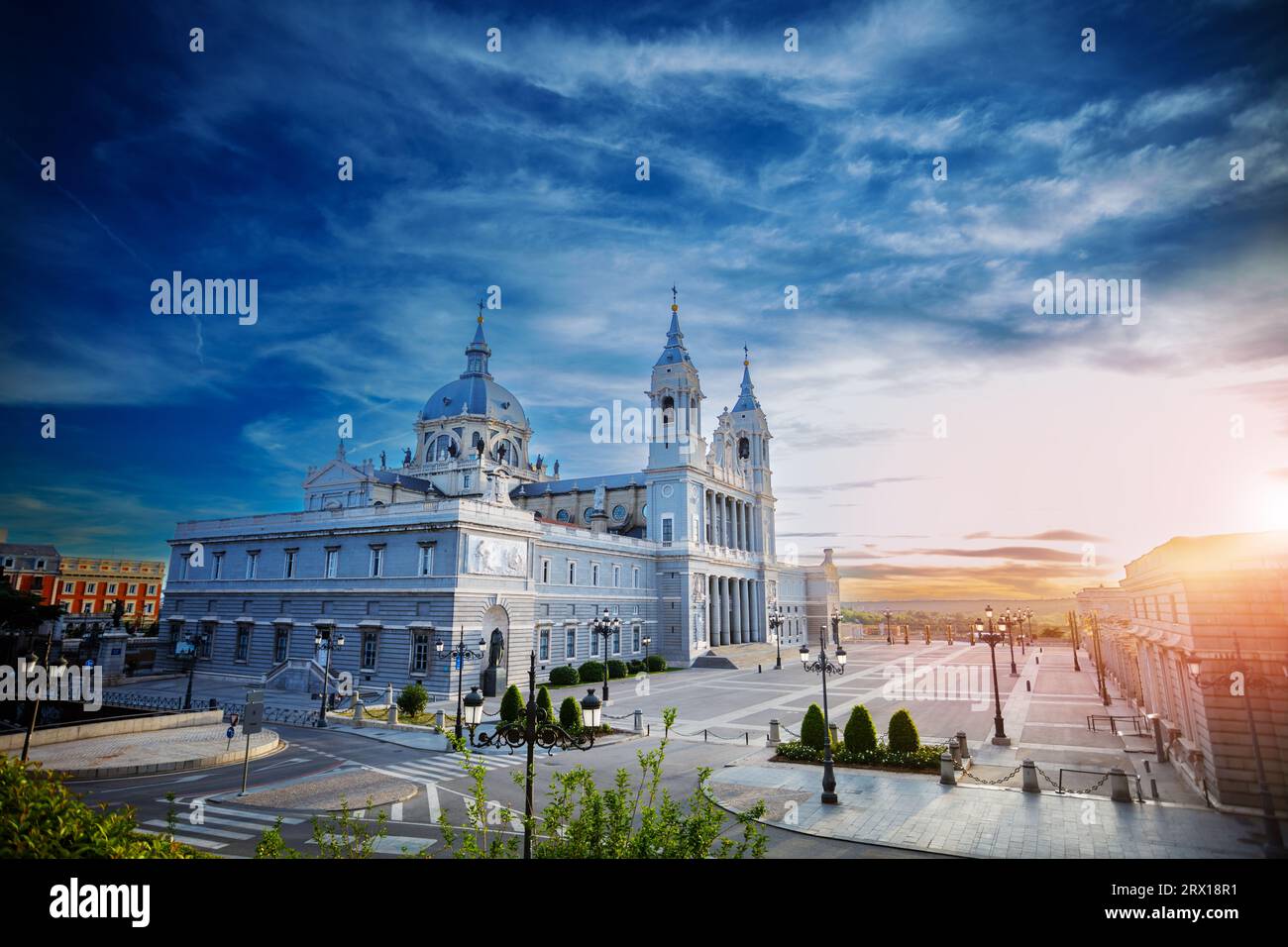 Summer day Almudena Cathedral view from Larra Garden Stock Photo