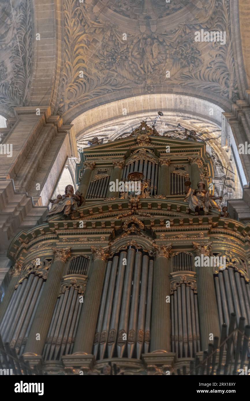Inside of the Catedral de Malaga.  Interiors, altars and decorations of the Malaga La Manquita Cathedral. Malaga, Spain Stock Photo