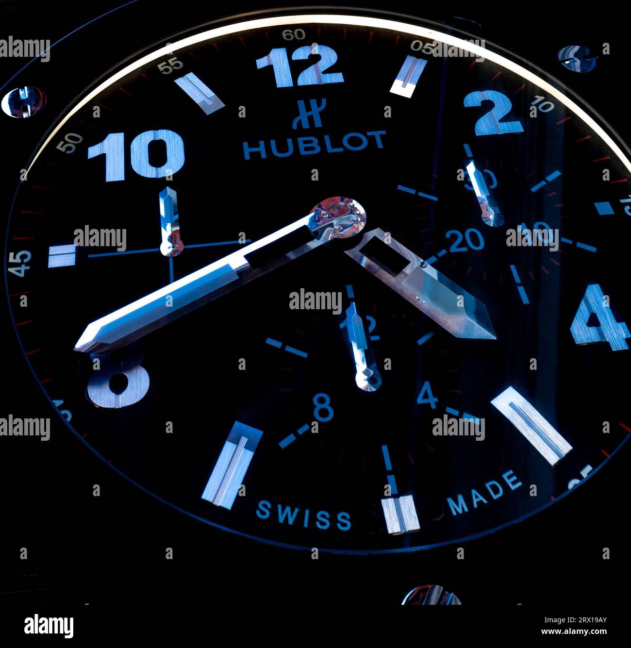 Hublot wristwatch face, an upmarket brand of Swiss watch, the company wholly owned by LVMH Stock Photo