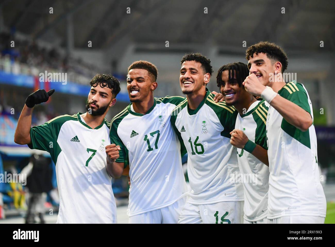 Hangzhou, China. 21st Sep, 2023. Saudi Arabia men football team players pose for a group photo during the 19th Asian Games 2023 Men's football group round Group B match between Saudi Arabia and Mongolia at Linping Sports Centre Stadium. Final score; Saudi Arabia 3:0 Mongolia. (Photo by Luis Veniegra/SOPA Images/Sipa USA) Credit: Sipa USA/Alamy Live News Stock Photo