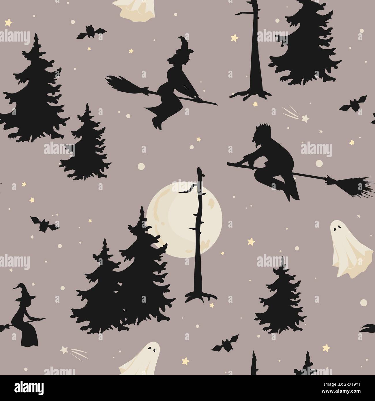 Night seamless background with withes and ghost flying above the forest in the night sky. Vector clip art for Halloween Party. Stock Vector